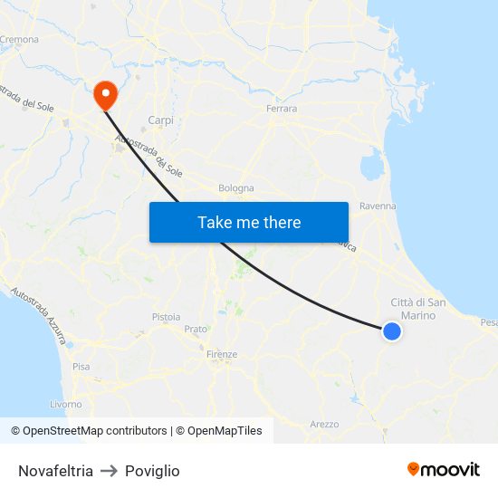 Novafeltria to Poviglio map