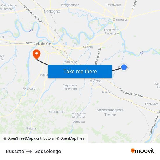 Busseto to Gossolengo map