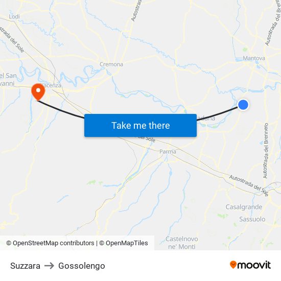 Suzzara to Gossolengo map