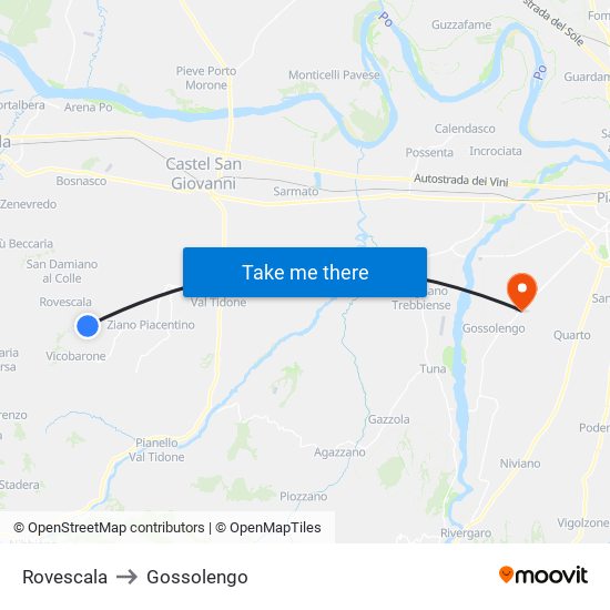 Rovescala to Gossolengo map