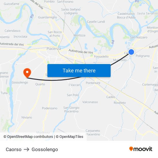 Caorso to Gossolengo map