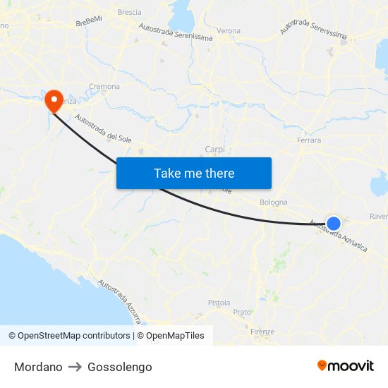 Mordano to Gossolengo map