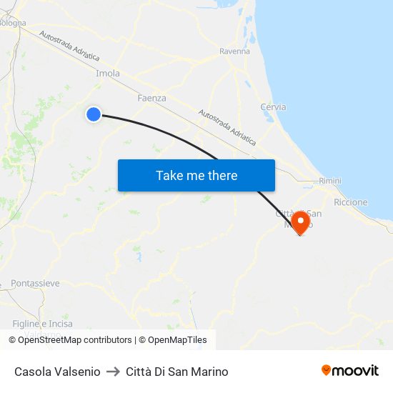Casola Valsenio to Città Di San Marino map