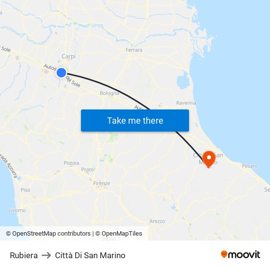 Rubiera to Città Di San Marino map