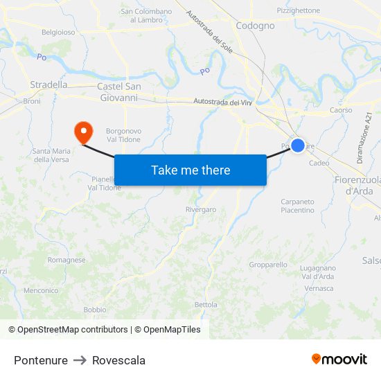 Pontenure to Rovescala map