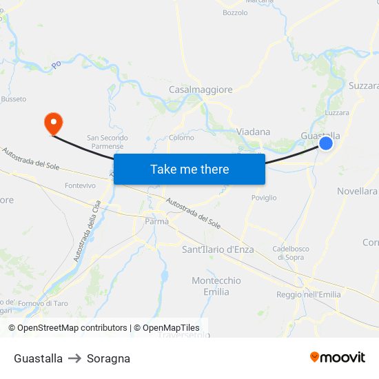 Guastalla to Soragna map