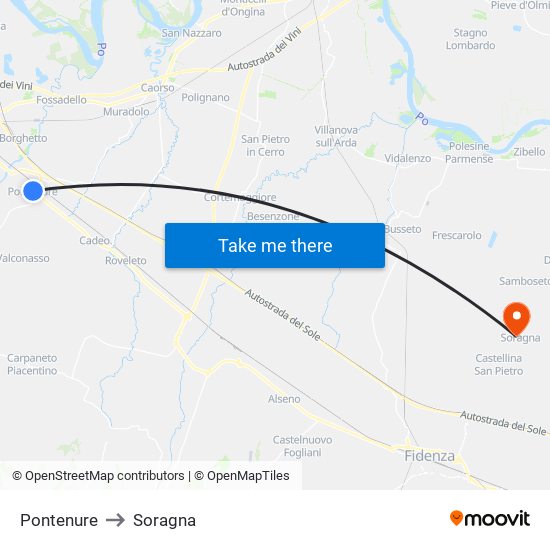 Pontenure to Soragna map