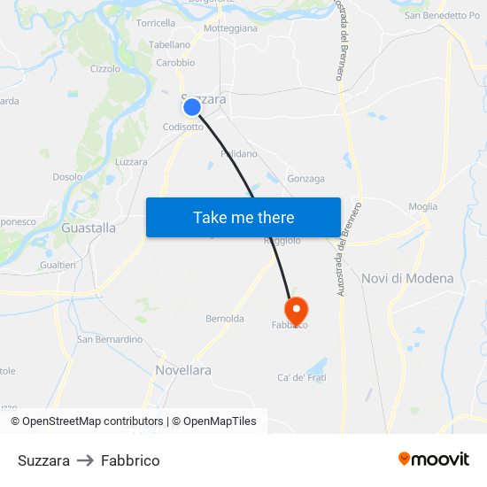 Suzzara to Fabbrico map