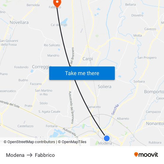 Modena to Fabbrico map