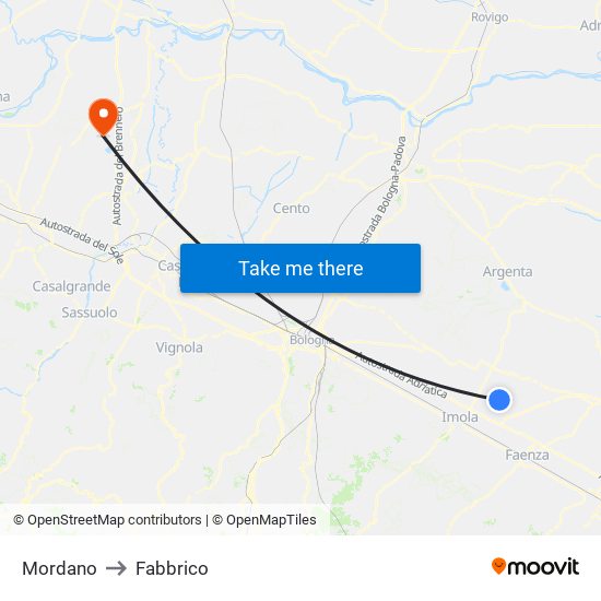 Mordano to Fabbrico map