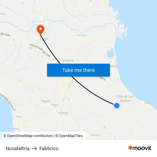 Novafeltria to Fabbrico map