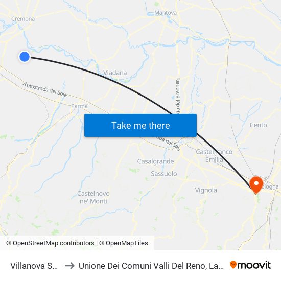 Villanova Sull'Arda to Unione Dei Comuni Valli Del Reno, Lavino E Samoggia map