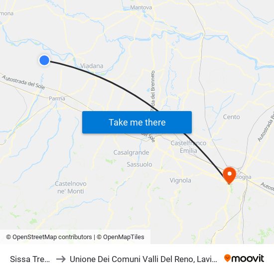 Sissa Trecasali to Unione Dei Comuni Valli Del Reno, Lavino E Samoggia map