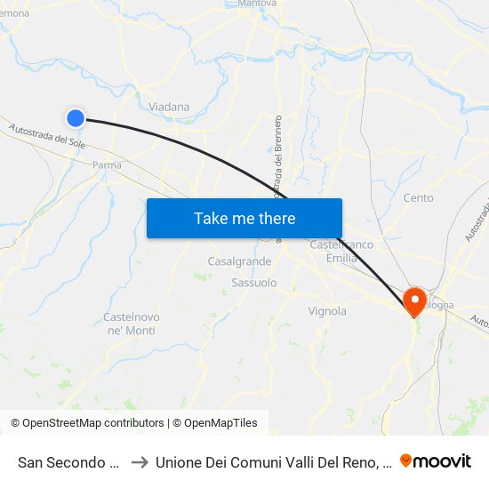 San Secondo Parmense to Unione Dei Comuni Valli Del Reno, Lavino E Samoggia map