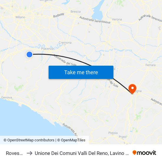 Rovescala to Unione Dei Comuni Valli Del Reno, Lavino E Samoggia map