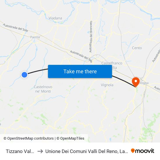 Tizzano Val Parma to Unione Dei Comuni Valli Del Reno, Lavino E Samoggia map