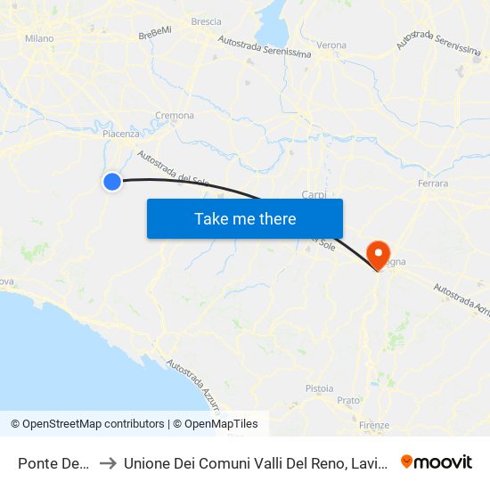 Ponte Dell'Olio to Unione Dei Comuni Valli Del Reno, Lavino E Samoggia map