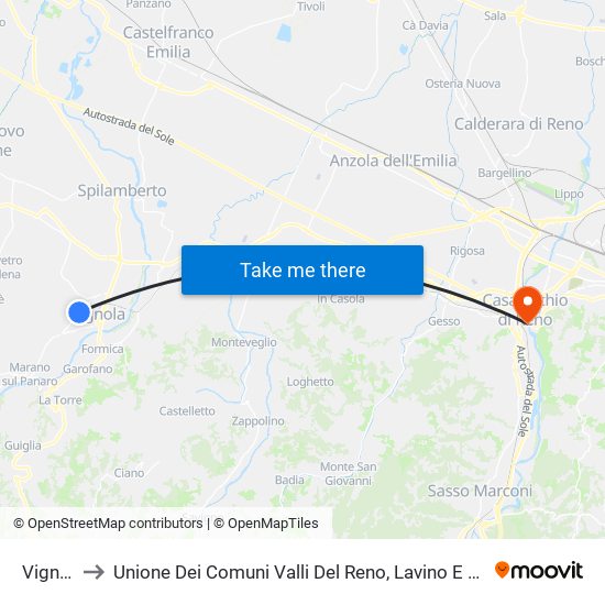 Vignola to Unione Dei Comuni Valli Del Reno, Lavino E Samoggia map