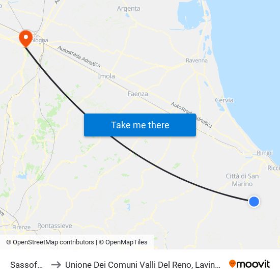 Sassofeltrio to Unione Dei Comuni Valli Del Reno, Lavino E Samoggia map