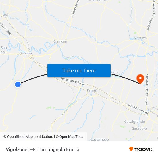 Vigolzone to Campagnola Emilia map
