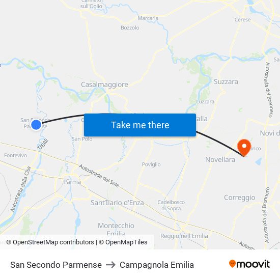 San Secondo Parmense to Campagnola Emilia map