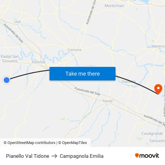 Pianello Val Tidone to Campagnola Emilia map