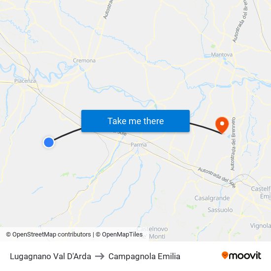 Lugagnano Val D'Arda to Campagnola Emilia map