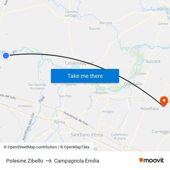 Polesine Zibello to Campagnola Emilia map