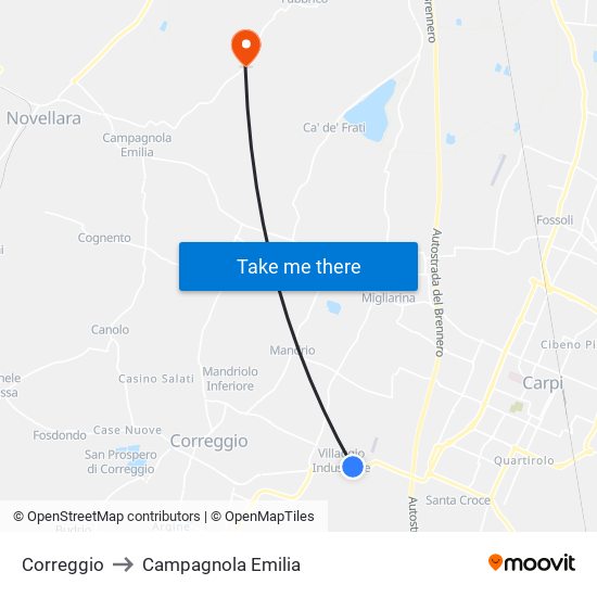 Correggio to Campagnola Emilia map