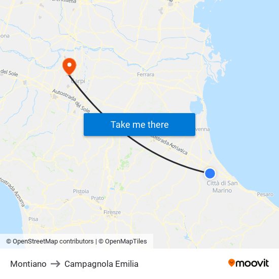 Montiano to Campagnola Emilia map