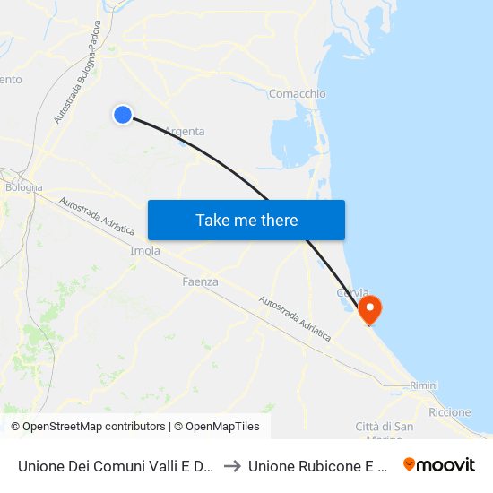 Unione Dei Comuni Valli E Delizie to Unione Rubicone E Mare map