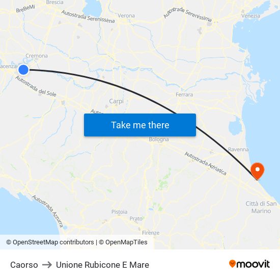 Caorso to Unione Rubicone E Mare map