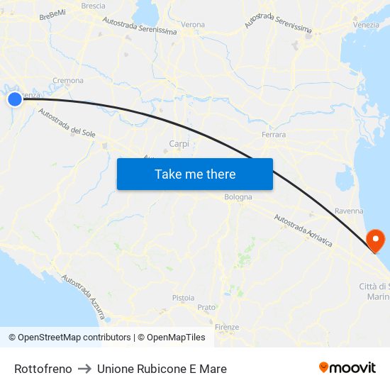 Rottofreno to Unione Rubicone E Mare map