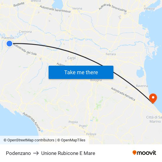 Podenzano to Unione Rubicone E Mare map