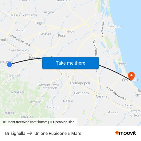 Brisighella to Unione Rubicone E Mare map