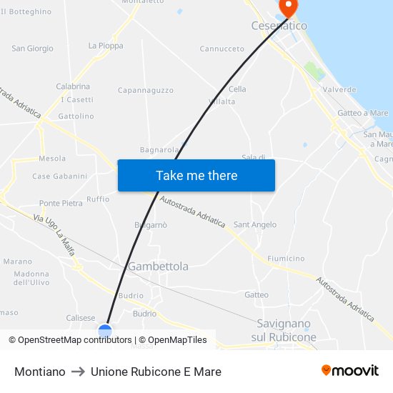 Montiano to Unione Rubicone E Mare map