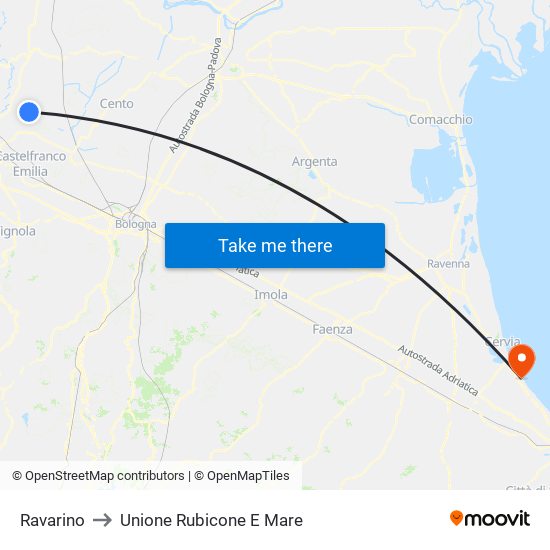 Ravarino to Unione Rubicone E Mare map