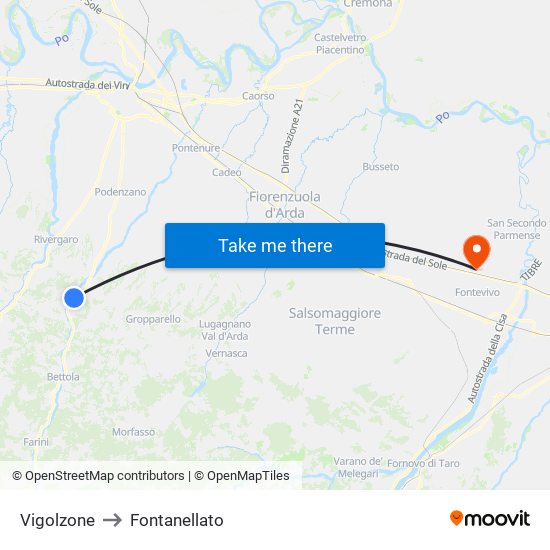 Vigolzone to Fontanellato map
