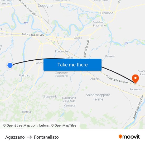 Agazzano to Fontanellato map