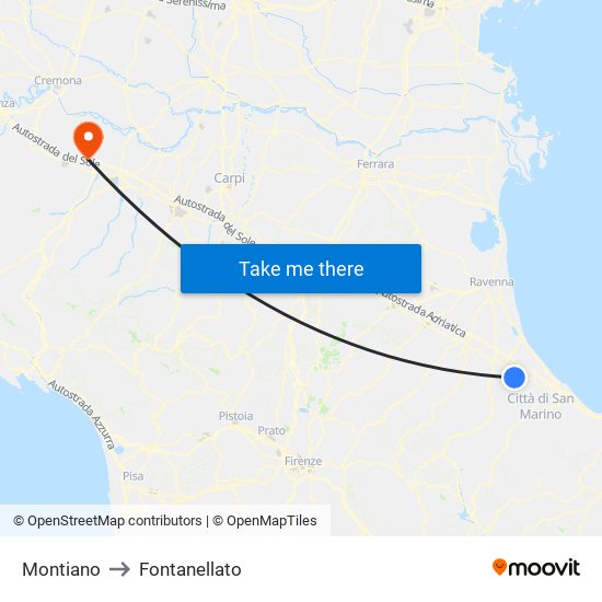 Montiano to Fontanellato map