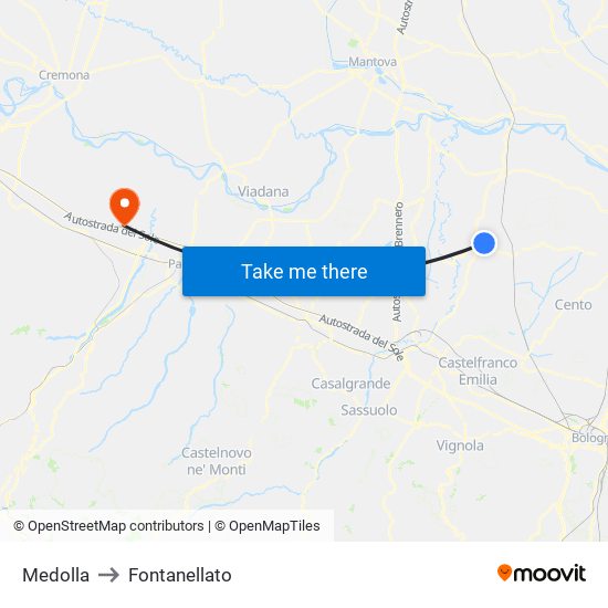 Medolla to Fontanellato map