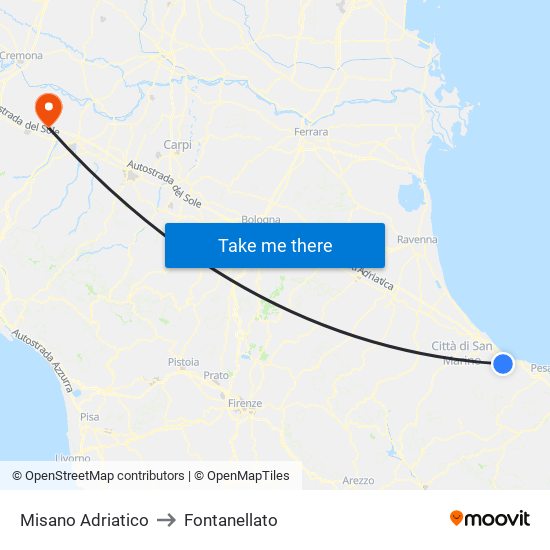 Misano Adriatico to Fontanellato map