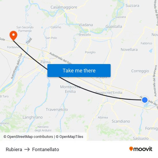 Rubiera to Fontanellato map