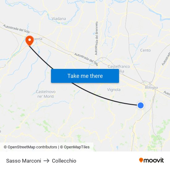Sasso Marconi to Collecchio map