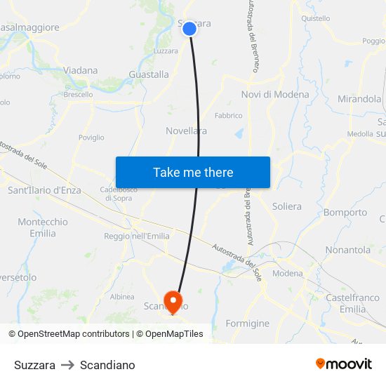 Suzzara to Scandiano map