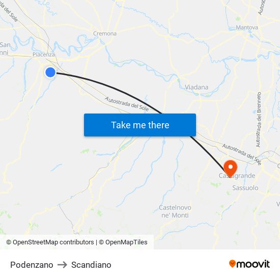 Podenzano to Scandiano map