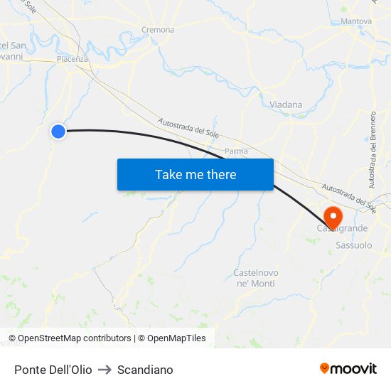 Ponte Dell'Olio to Scandiano map