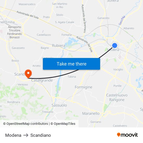 Modena to Scandiano map