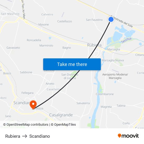 Rubiera to Scandiano map