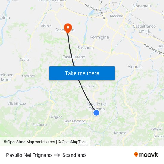 Pavullo Nel Frignano to Scandiano map